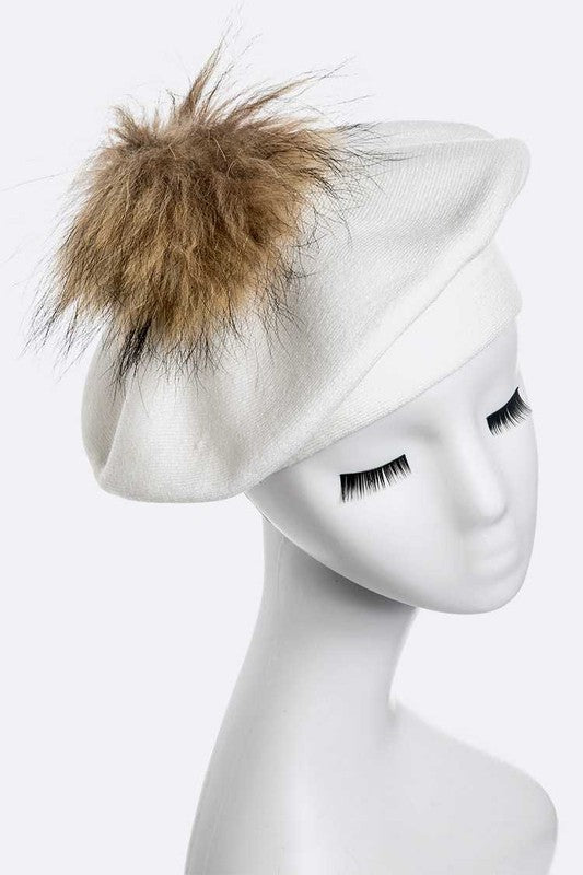Genuine Fur Pom Cashmere Blend Beret