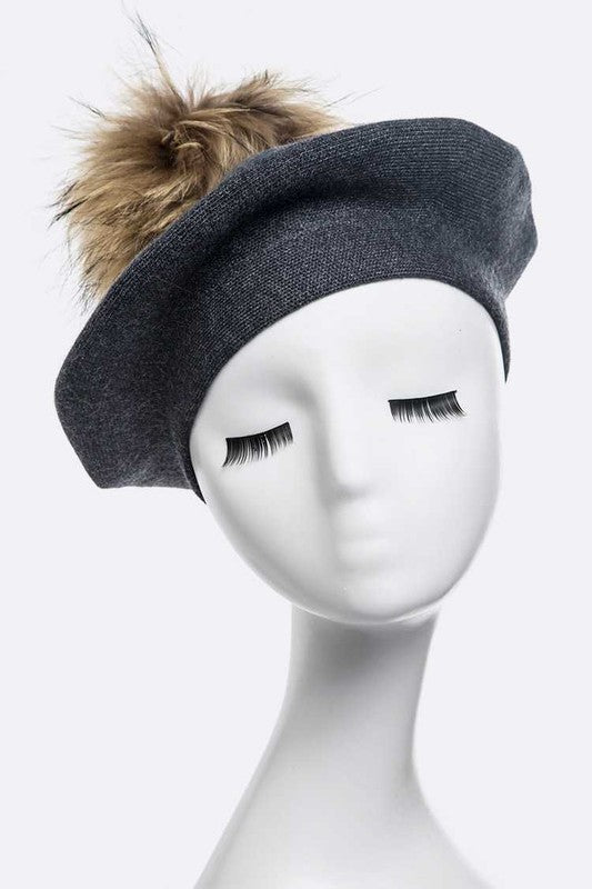 Genuine Fur Pom Cashmere Blend Beret