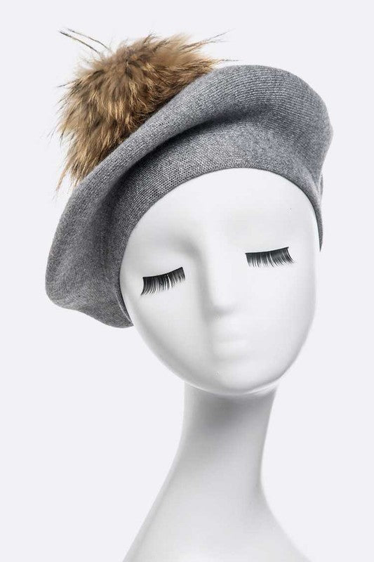 Genuine Fur Pom Cashmere Blend Beret