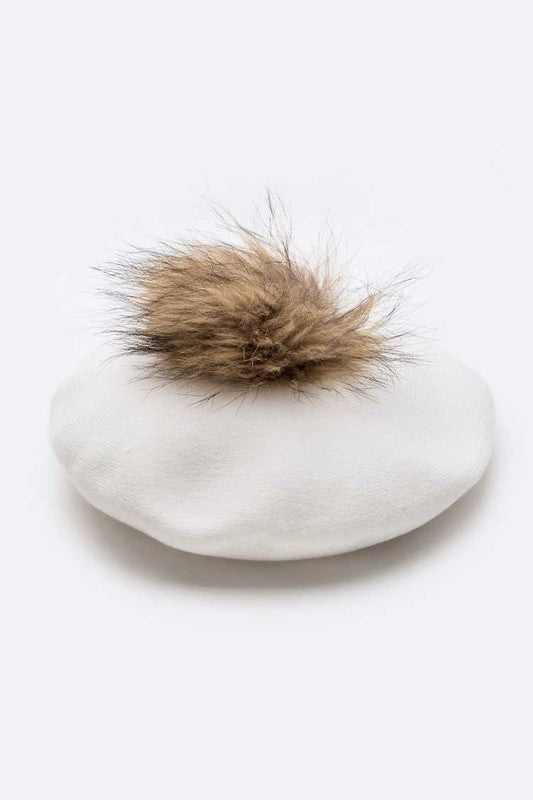 Genuine Fur Pom Cashmere Blend Beret