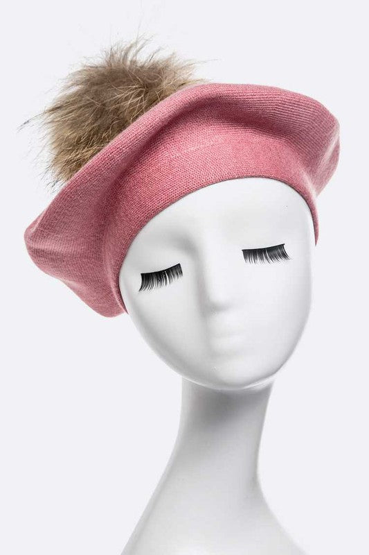 Genuine Fur Pom Cashmere Blend Beret
