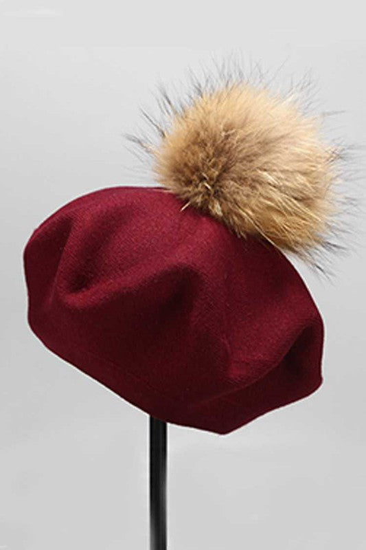 Genuine Fur Pom Cashmere Blend Beret