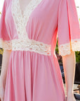 Lace Trim Tiered Wrap Dress — Romantic Flutter Sleeve Maxi