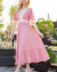 Lace Trim Tiered Wrap Dress — Romantic Flutter Sleeve Maxi
