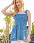 Tie Shoulder Smocked Top — Babydoll Ruffle Hem Blouse