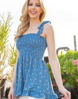 Tie Shoulder Smocked Top — Babydoll Ruffle Hem Blouse