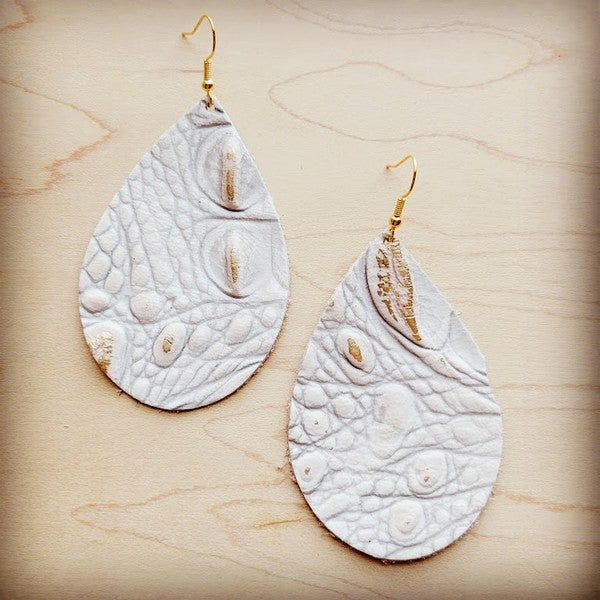Leather Teardrop Earring-White and Gold Gator - Online Only