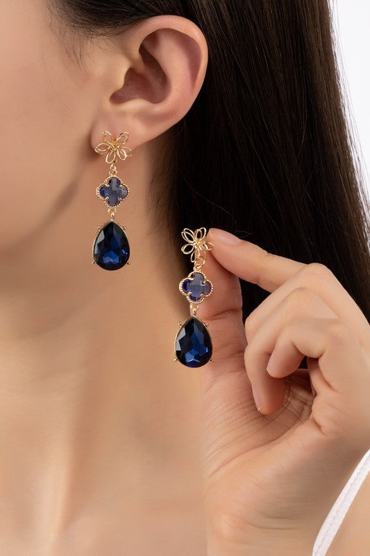 3 tier flower and royal blue linear drop earrings My Pampered