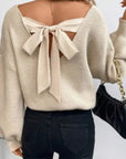 Back Tie Bow Cottagecore Sweater — Ribbed Knit V-Neck