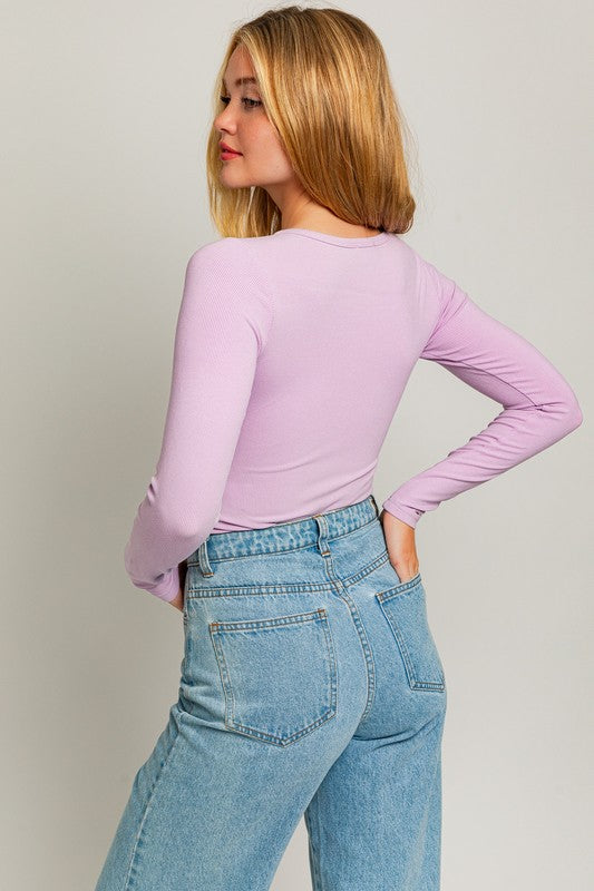 Round Neck Ribbed Long Sleeve Crop Top Pink