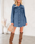 Solid Denim Chest Pocket Raw Hem Shirt Dress