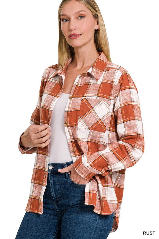Zenana Cotton Plaid Shacket with Front Pocket - Online Only