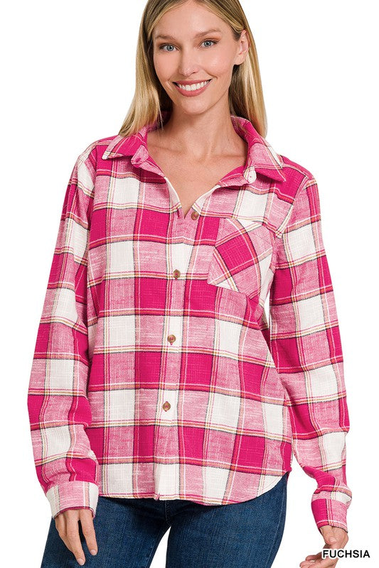 Zenana Cotton Plaid Shacket with Front Pocket - Online Only