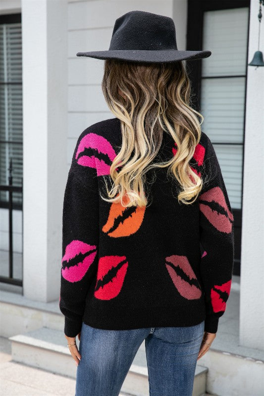 Miss Sparkling | All Over Lips V-neck Sweater