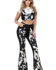 GJG Denim Rodeo Bell Bottom Jeans — Black & White Cow Print