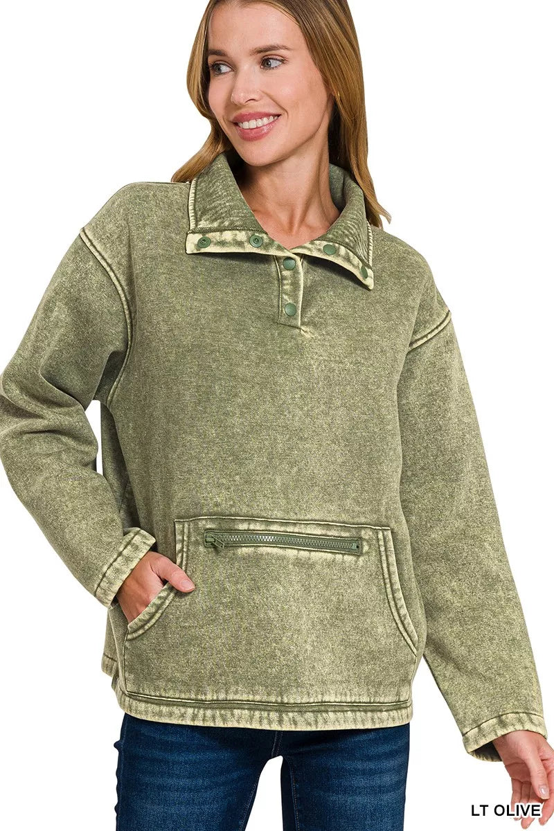 Zenana Fleece Washed High Neck Kangaroo Pocket Sweatshirt in Olive