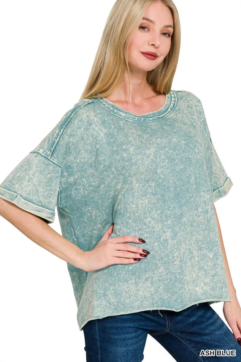 Zenana French Terry Acid Washed T-Shirt in Ash Blue