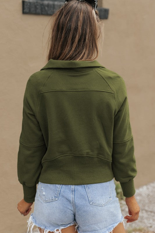Solid Fleece-Lined Half-Zip Up Collar Sweatshirt