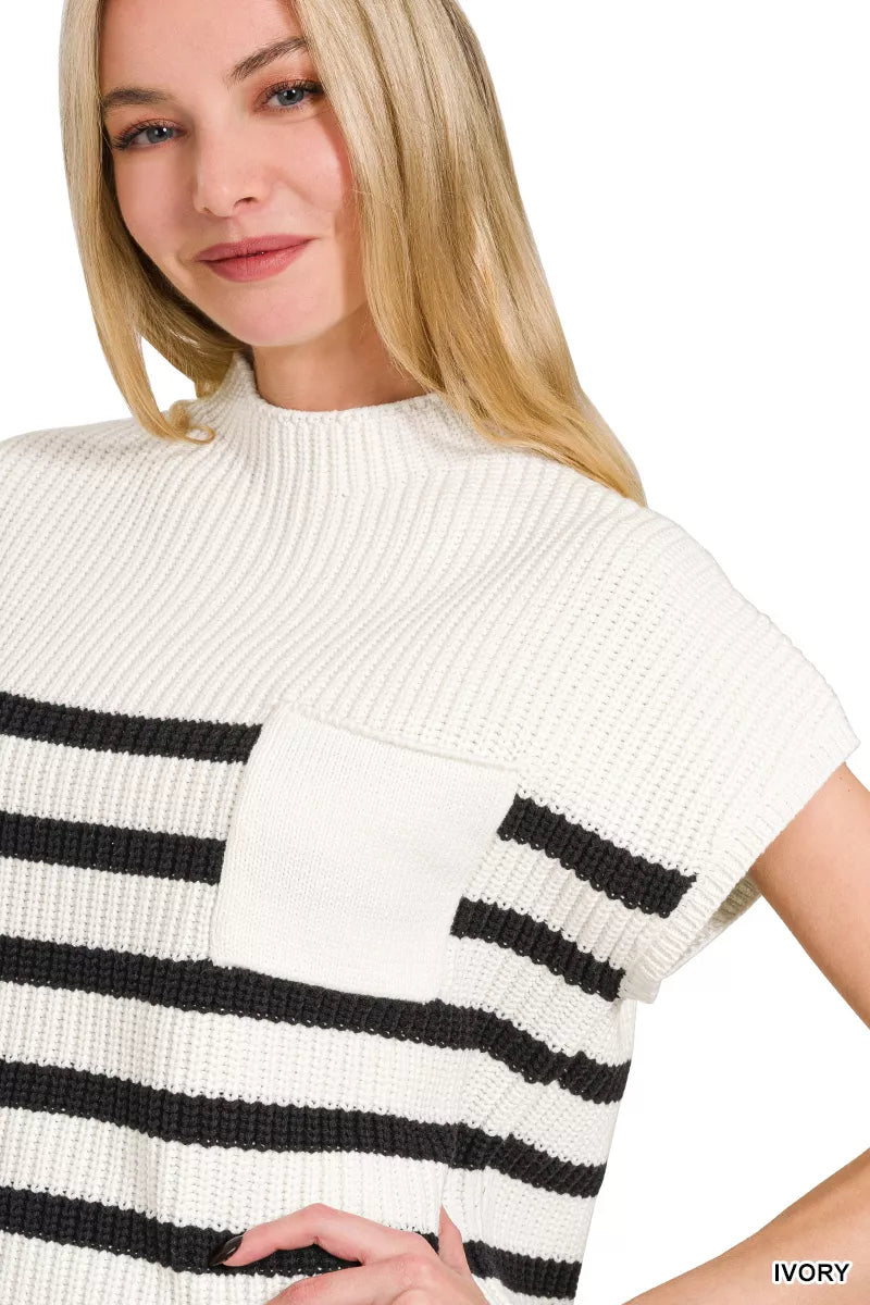 Zenana Short Sleeve Stripe Sweater in Ivory
