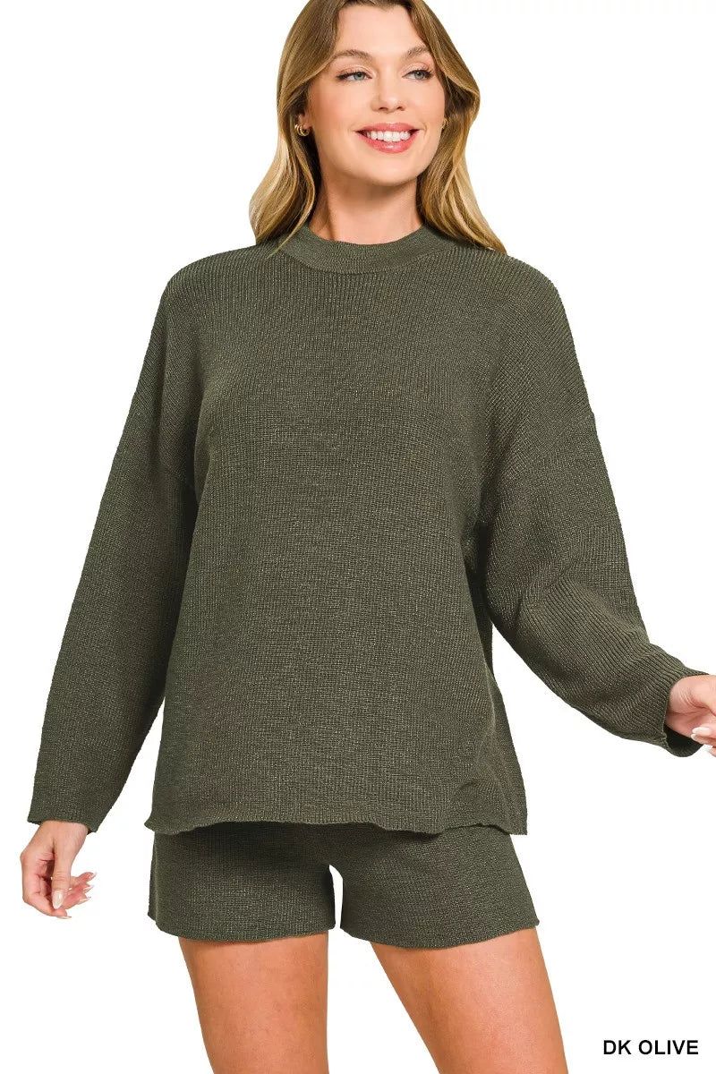 Zenana Round Neck Knit Top and Shorts Sweater Set in Olive