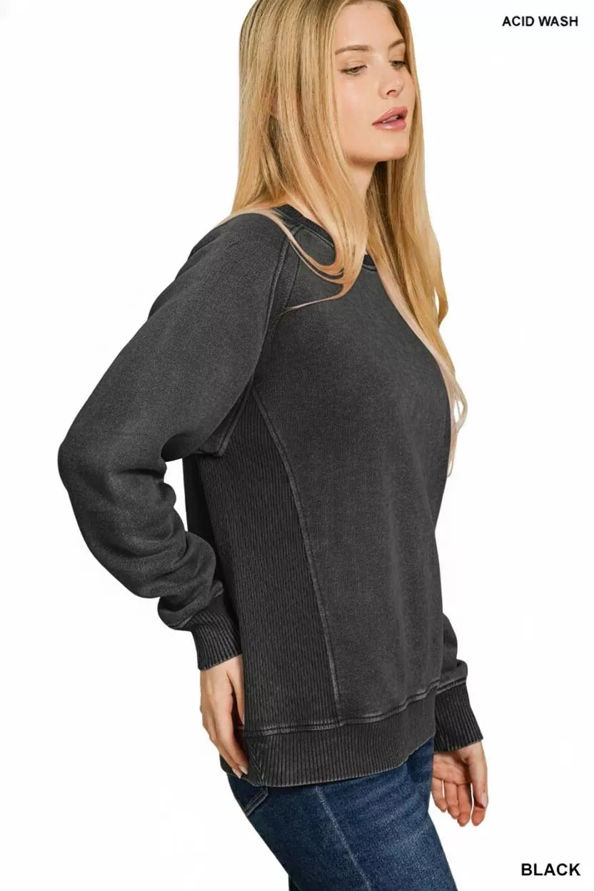 Zenana Acid Washed Fleece Sweatshirt with Side Rib in Black