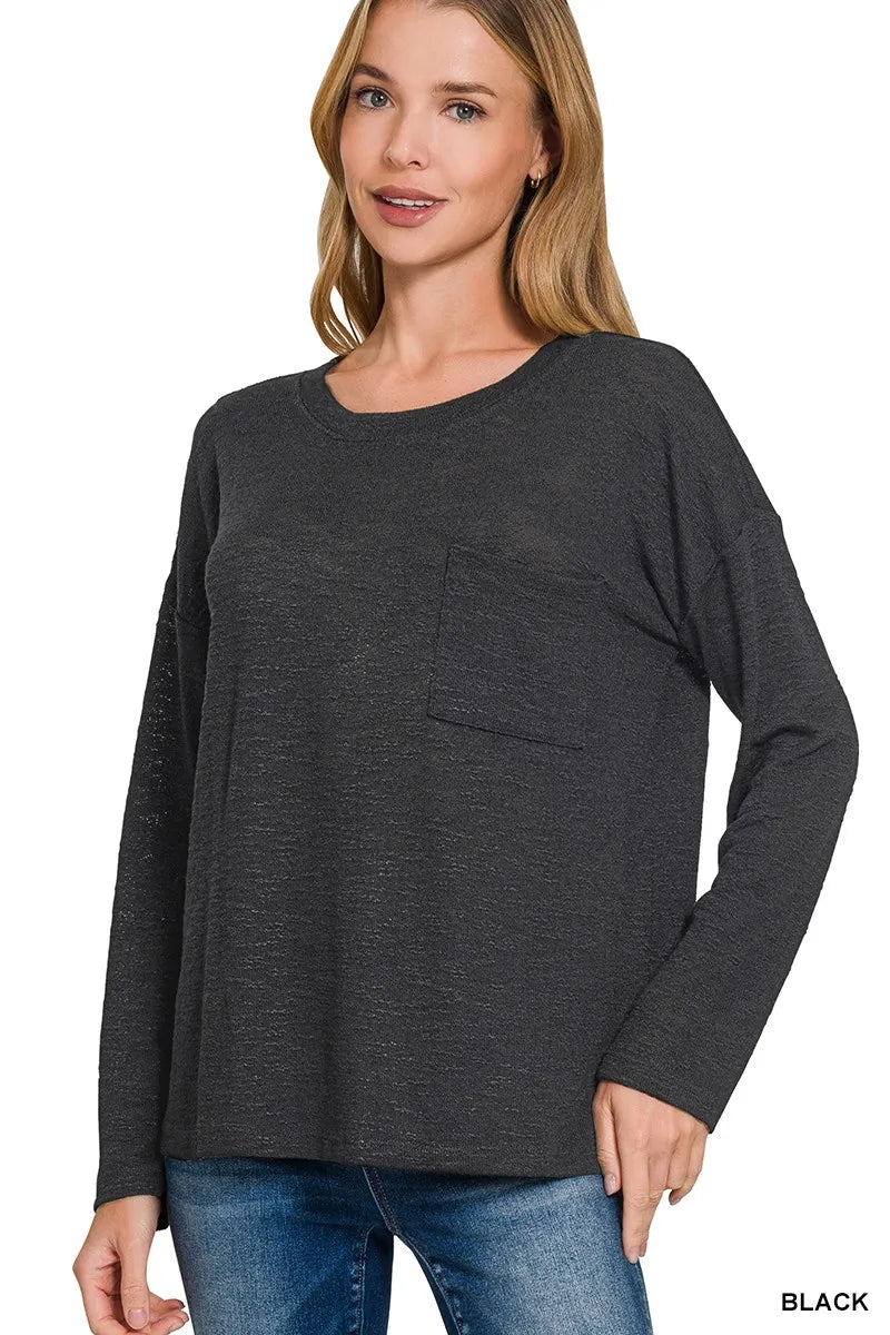 Zenana Slub Hacci Long Sleeve T-Shirt in Black