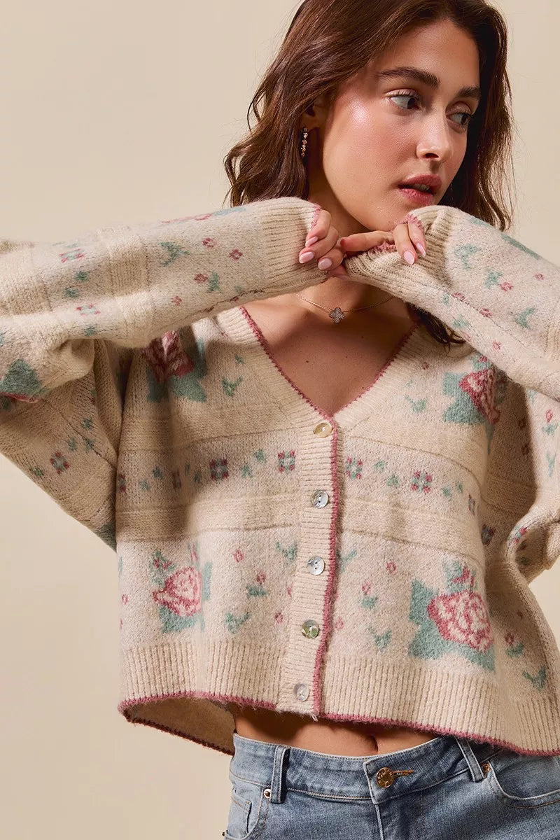 SO ME Floral Pattern Long Sleeve Button Sweater Cardigan in Beige