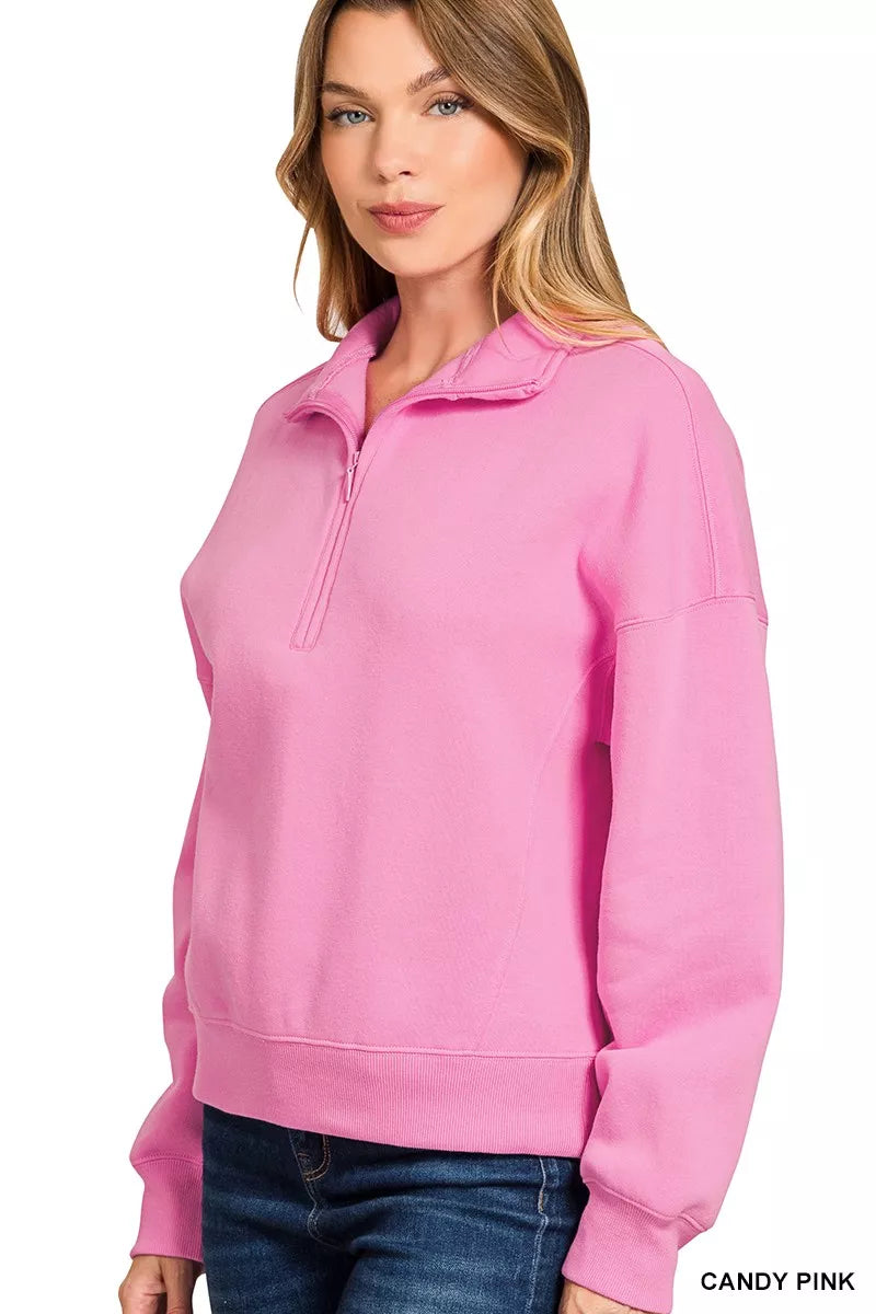 Zenana Fleece High Neck Half Zip Sweatshirt in Candy
