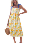 Floral Denim Tie Strap High Waist Maxi Dress