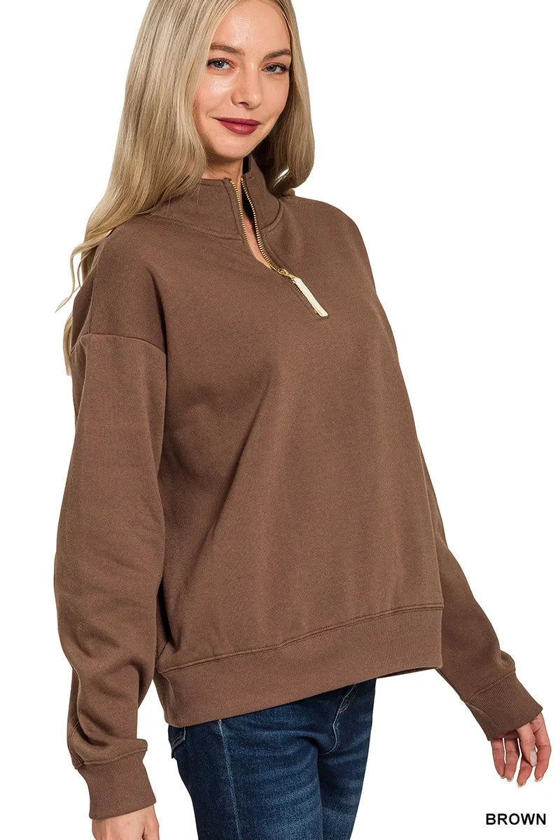 Zenana Fleece Half Zip Sweatshirt in Brown