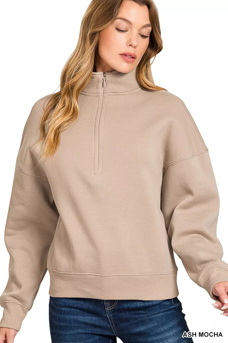 Zenana Fleece High Neck Half Zip Sweatshirt in Mocha