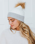 2 Tone Angora Knit Fur Pom Beanie