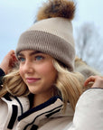 2 Tone Angora Knit Fur Pom Beanie