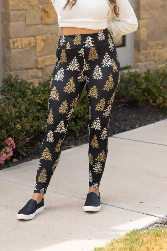 Julia Rose |Leopard Christmas Trees Leggings with Pocket