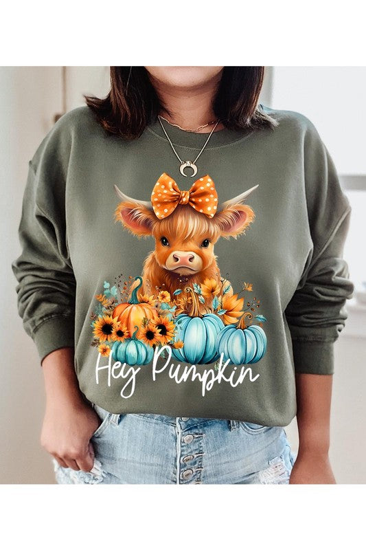 Hey Pumpkin Highland Cow Thanksgiving Fleece Graphic Sweatshirt