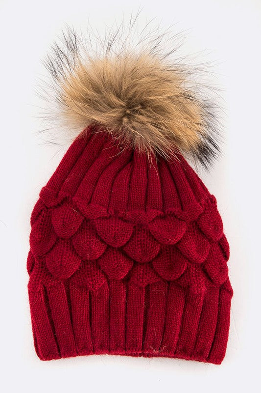 Large Genuine Fur Pom Pineapple Knit Soft Beanies