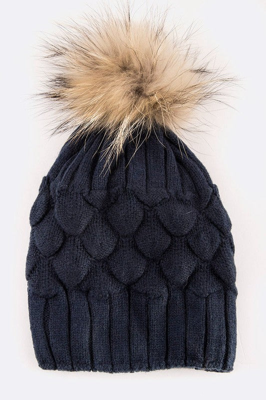 Large Genuine Fur Pom Pineapple Knit Soft Beanies