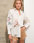 Blue B Embroidered Western Cowgirl Linen Shirt Blouse