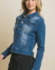Love Tree Distressed Button Up Stretchy Cotton Denim Jacket