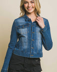 Love Tree Distressed Button Up Stretchy Cotton Denim Jacket