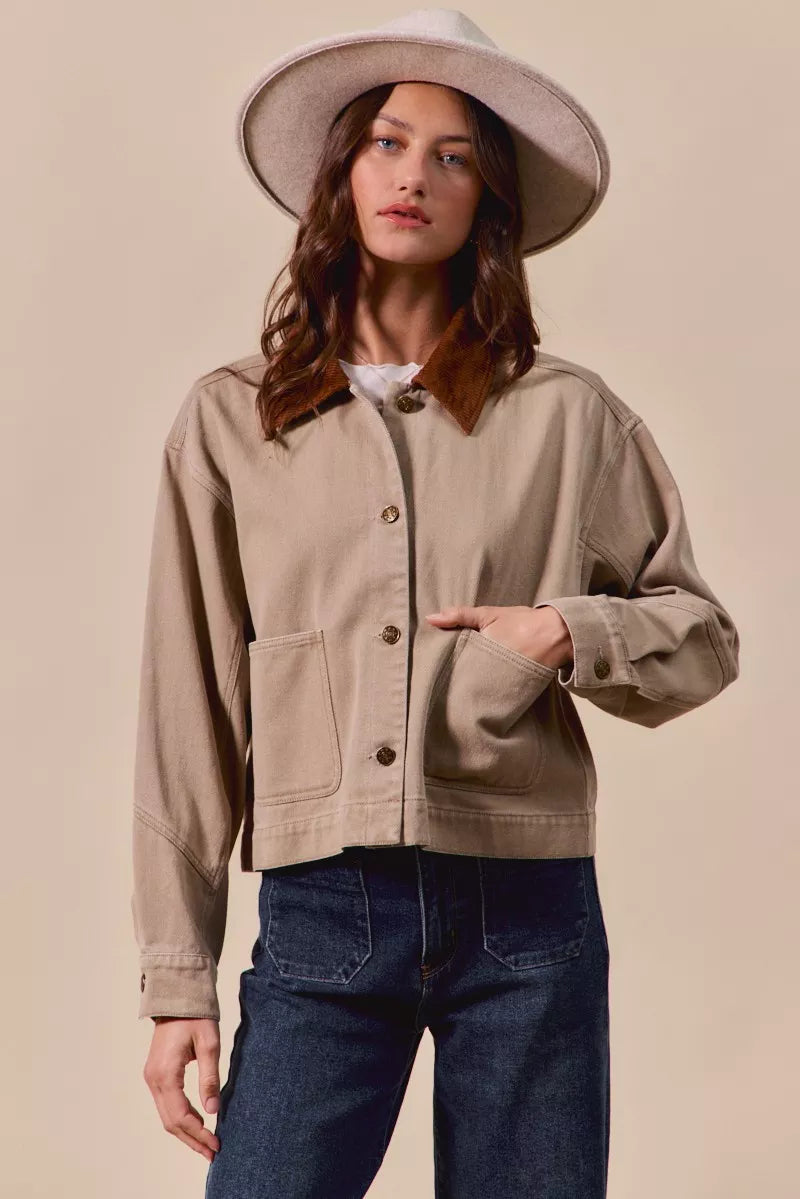 SO ME Cotton Twill Cropped Barn Jacket wtih Collar
