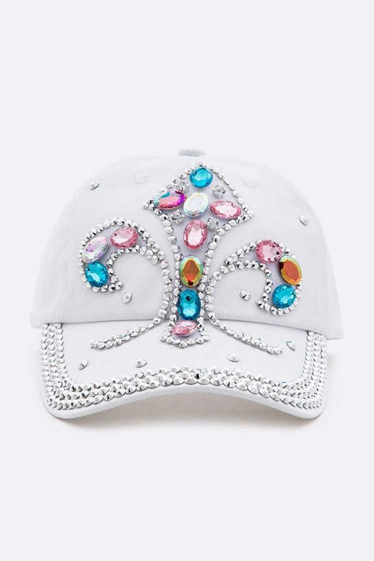 Fleur De Lis Crystal Embellished Denim Cap