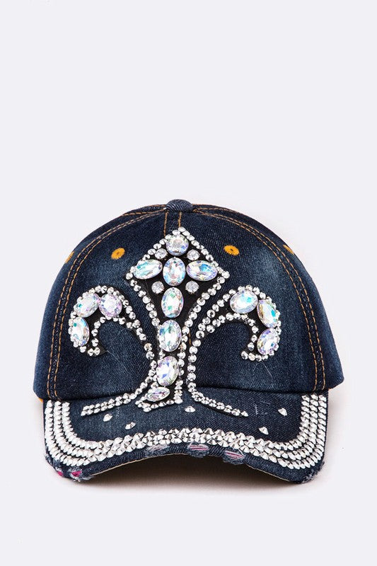 Fleur De Lis Crystal Embellished Denim Cap