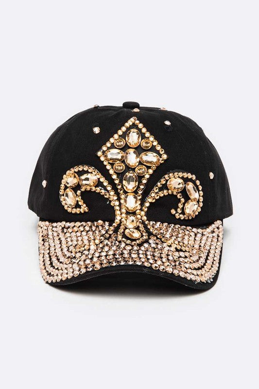 Fleur De Lis Crystal Embellished Denim Cap