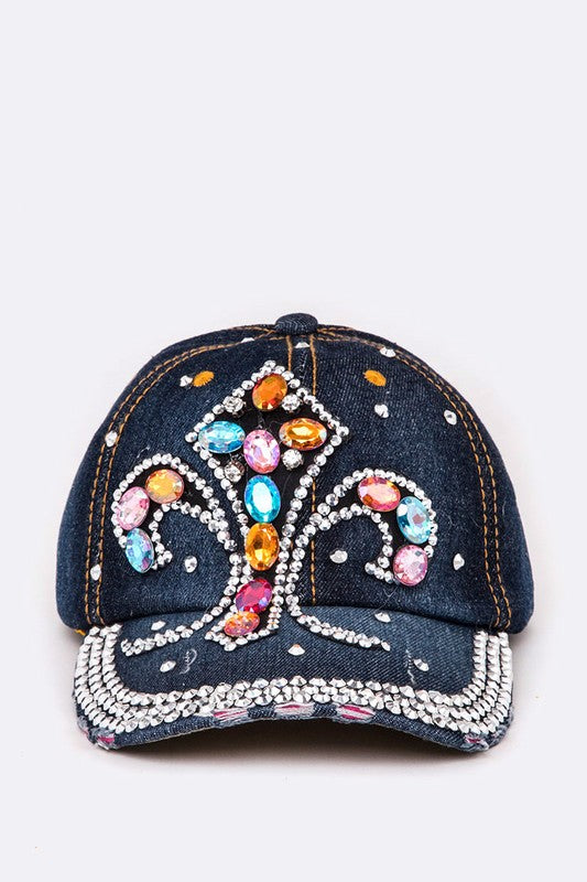 Fleur De Lis Crystal Embellished Denim Cap