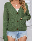 Green Pocket Button Cable Cropped Sweater Cardigan