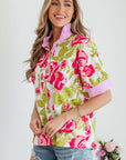 Floral Stripe Trim Frilled Collar Short Sleeve Shirt
