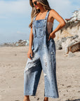 Solid Denim Distressed Bib Pocket Wide Leg Overall