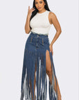 Cochella Bohemian Rhapsody Fringe Denim Skirt