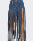 Cochella Bohemian Rhapsody Fringe Denim Skirt